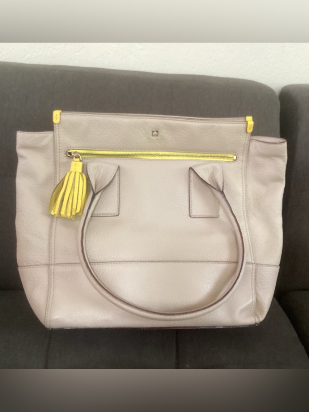 Kate Spade Taupe Leather Tote with Yellow Accent Tassel